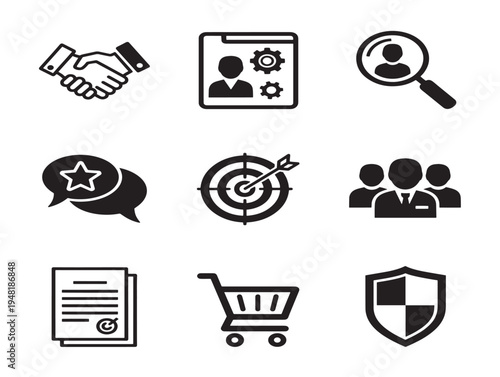 Elegant customer management icons collection with CRM business elements