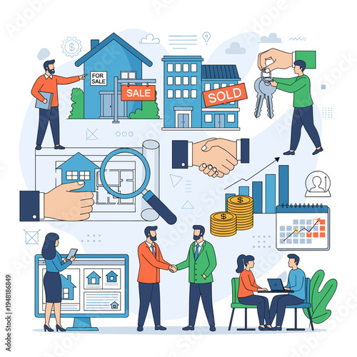 A comprehensive illustration of real estate transactions, property buying and selling, agent services, and financial aspects.