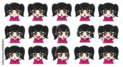 Cute Gamer Girl Character Emote Sticker Set, Cartoon Gaming Avatar Emoji Pack, Streaming Reaction Icons for Twitch Discord Vector