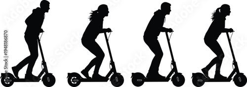Vector illustration of people silhouettes riding electric scooters in different postures, symbolizing urban transport, mobility, lifestyle, recreation, modern technology, eco-friendly commuting, and 