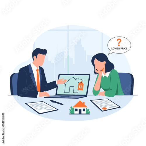 Real estate agent discussing property prices and mortgage options with a concerned client, who is considering a lower price for a house.