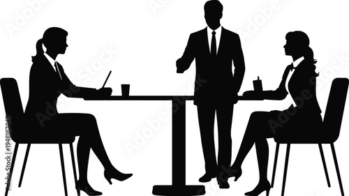 Business meeting with manager and female employees at table, corporate discussion silhouette scene, professional flat vector illustration