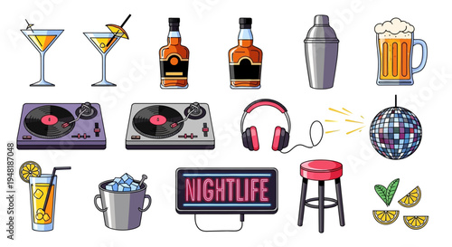 Nightlife Themed Illustration Set with Drinks Music and Party Elements