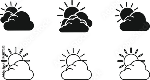 Weather forecast icon set with sun and clouds, partly cloudy day symbols, black silhouette and outline style, meteorology vector illustration, isolated w