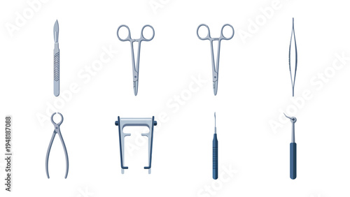 Set of Medical and Surgical Instruments. Healthcare tools for surgery, dentistry, and medical procedures, isolated on white background.