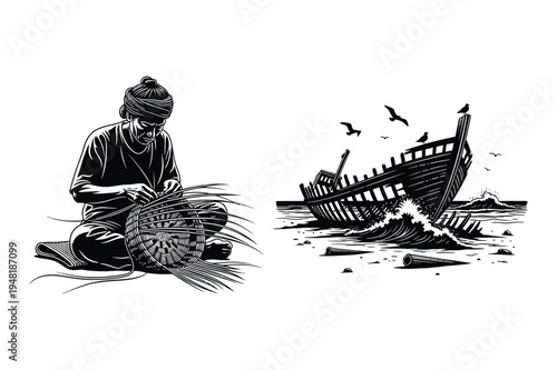 Fisherman weaving and shipwreck