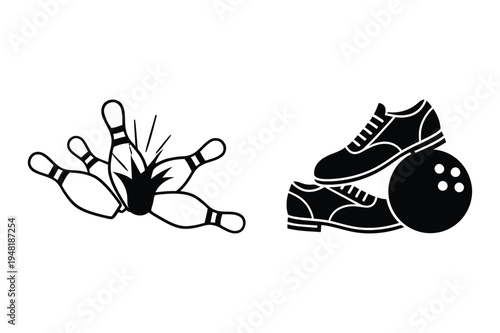 Bowling pins scattered and bowling ball with shoes with black and whit
