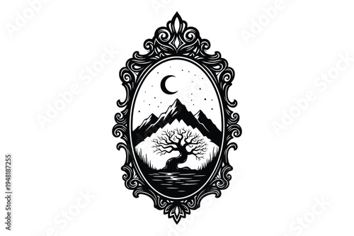 Mystical oval frame with moonlit mountains and tree with black and whi