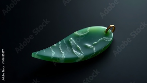 siderite. A slender green jade pendant shaped like a silique on a dark background. event programs, museum guides, designed for cultural heritage projects and event programs, used by fitness trainers.
