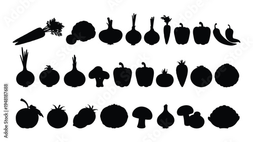 A comprehensive collection of vegetable silhouettes for design and educational purposes featuring various root and fruit vegetables