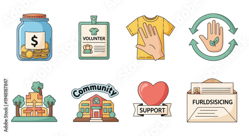 Charity and Volunteer Service Community Support Vector Illustrations Set