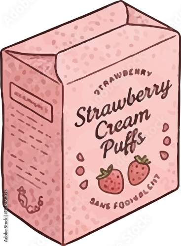 Strawberry Cream Puffs Vector Illustration Pink Box Packaging with Strawberry Icons and Cream Puffs Cartoon Style