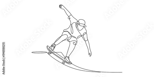 A minimalist single line drawing of a person skateboarding on a curved ramp against white background Vector, illustration
