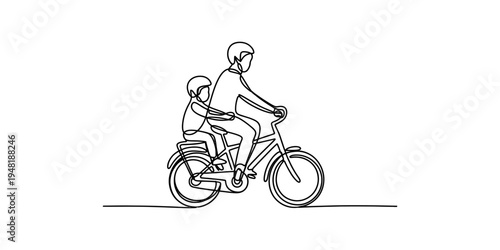 A continuous line drawing of a parent riding a bicycle with a small child sitting on the back seat Vector, illustration