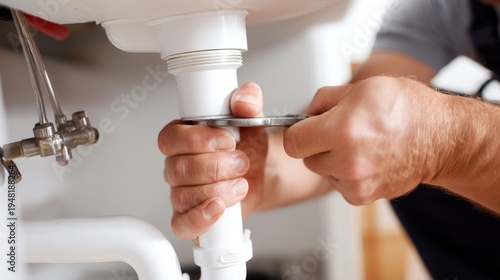 Hands Tightening Plumbing Pipe Fittings Under Kitchen Sink for Repair
