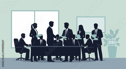 A team of professional business people collaborates in a corporate meeting, discussing strategy, negotiating deals, and fostering teamwork within a modern office setting.