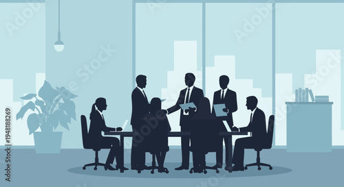 A diverse team of professionals collaborates effectively during an important corporate meeting in a sleek, modern office overlooking a city skyline.