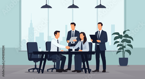 Business professionals collaborate and finalize an agreement during a productive meeting, shaking hands in a sleek, modern office, symbolizing partnership.