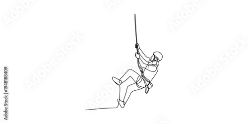 A single continuous line drawing of a climber wearing a helmet and harness rappelling on a rope Vector, illustration
