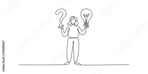 A continuous line drawing of a person choosing between a question mark and a bright light bulb Vector, illustration