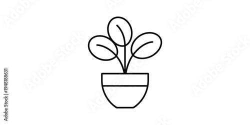 A minimalist black and white line art illustration of a small indoor plant in a simple pot Vector, illustration