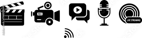 Collection of black icons representing video production, streaming, and communication tools
