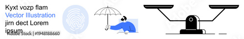 Security, protection, justice, balance, identity, decision-making. A fingerprint, person holding umbrella and balance scale. Security and protection concept emphasizing identity and fairness