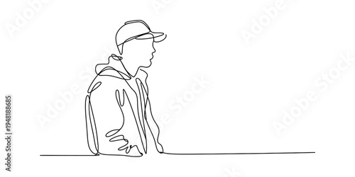 Minimalist continuous line drawing of a young man wearing a cap and hoodie in profile view style Vector, illustration