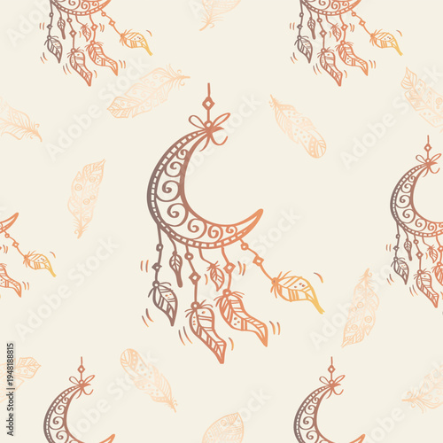Seamless pattern with dreamcatcher and feathers. Vector illustration.