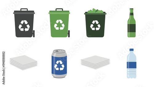 Recycling Icons Set Bins Bottles Cans Paper Eco Friendly Waste Management Collection