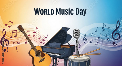 World music day celebration with musical instruments and notes