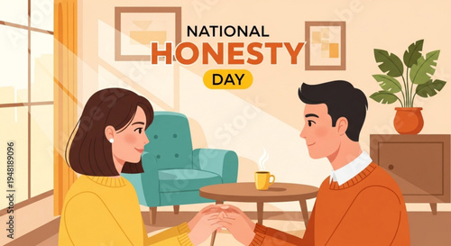 Couple having honest conversation on national honesty day in cozy living room with warm lighting