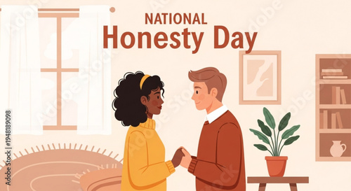 National honesty day concept with diverse couple shaking hands in living room