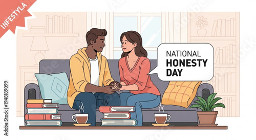 Couple celebrating national honesty day with coffee and books on couch