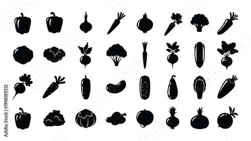 A comprehensive collection of 28 black silhouette vegetable icons on a white background for design and educational use