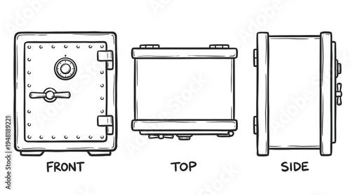 Black and White Cartoon Safe in Three Views