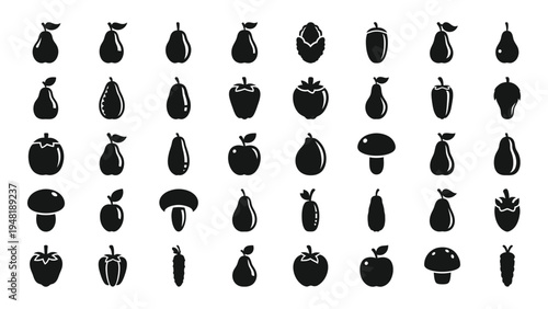 A comprehensive collection of fruit icons in black silhouette on white background for design and educational use