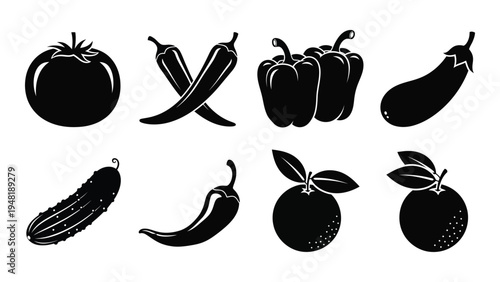 A collection of various vegetable and fruit silhouettes including tomatoes, peppers, and cucumbers in black and white