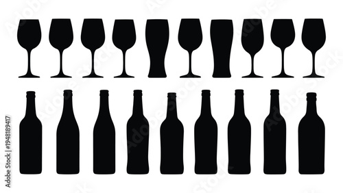 A detailed analysis of wine glasses and bottles in a visually appealing arrangement with black silhouettes on a white background for culinary and beverage purposes