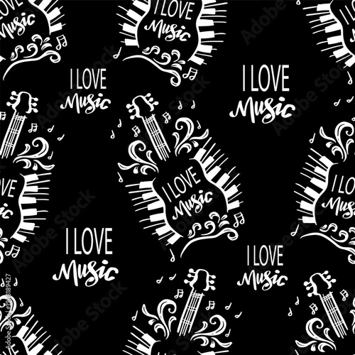 Seamless pattern with inscription I love music, hand drawn guitar,  piano keys and musical instruments. Vector illustration.