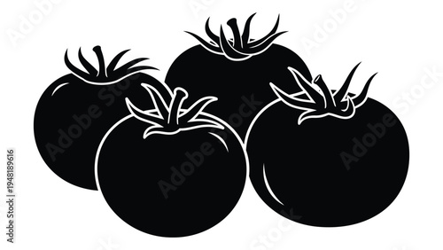 A black and white image of three tomatoes with green leaves on top, a simple yet iconic representation of fresh produce, healthy eating, and culinary delights in a minimalist style.