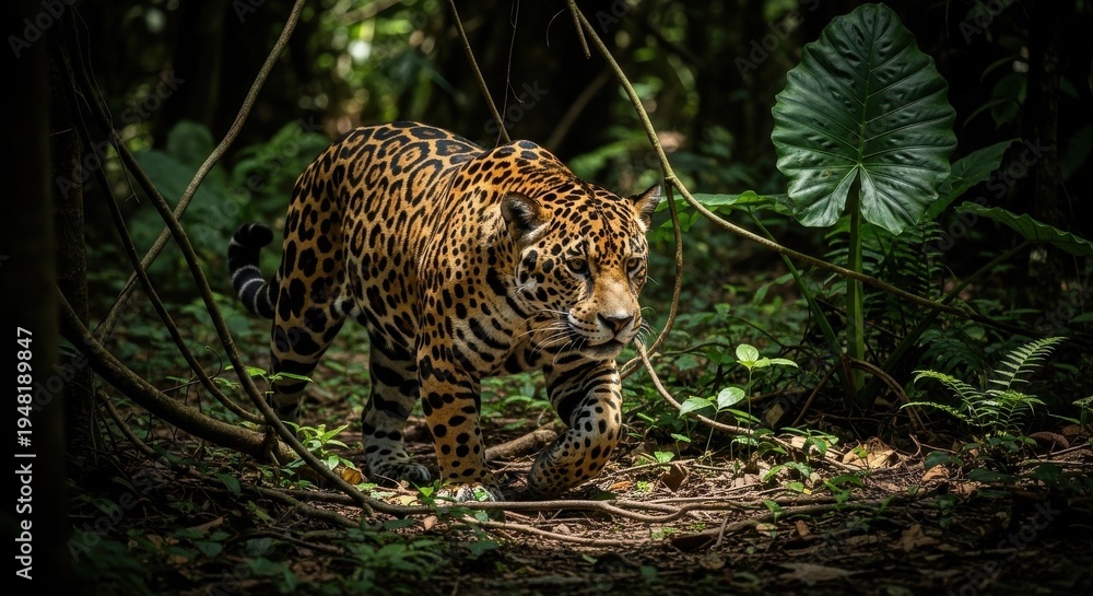 Obraz premium Powerful jaguar with striking spotted coat prowls silently through dense jungle foliage