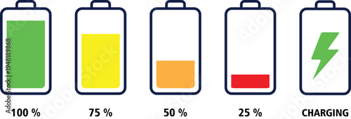 Battery level indicator icon set showing different charge percentages: 100%, 75%, 50%, 25%, and charging status with lightning symbol.