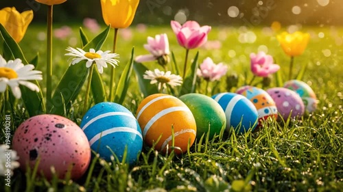 Colorful Easter eggs and spring flowers in a sunny garden