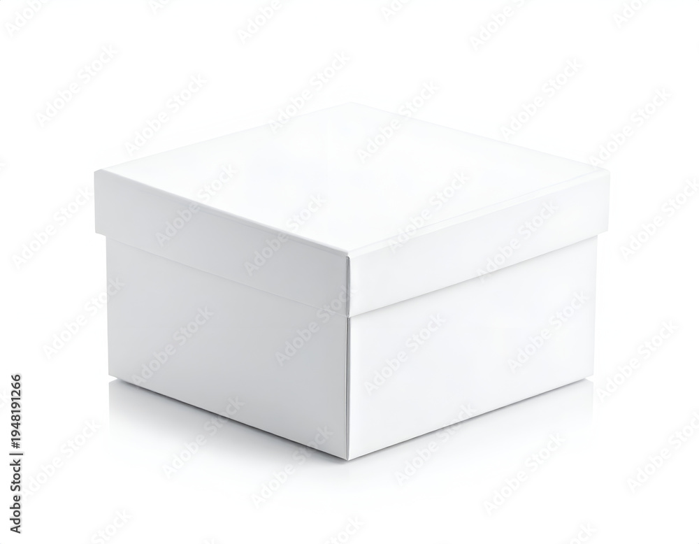 Fototapeta premium A clean white, square box sits on a reflective white surface