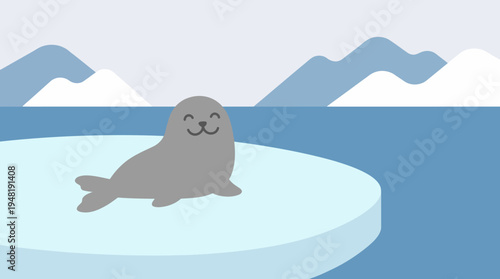 Cute cartoon seal with a happy face sitting on a floating ice floe in a calm blue ocean with snowy mountains in the background.