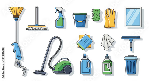Cleaning Supplies Household Tools Equipment Collection Isolated on White