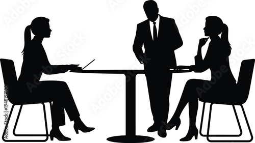 Business meeting silhouette, professional team discussion at office table with laptop, corporate partnership consultation flat vector illustration