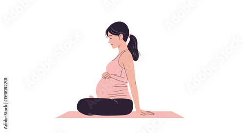 Illustration of a pregnant woman sitting on a yoga mat with hands on her belly, promoting prenatal life awareness and pregnancy protection in a calm and serene setting