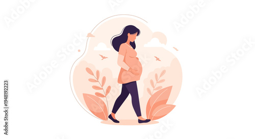 Illustration of a pregnant woman walking in a serene environment with plants, promoting prenatal life awareness and pregnancy protection on International Day of the Unborn Child
